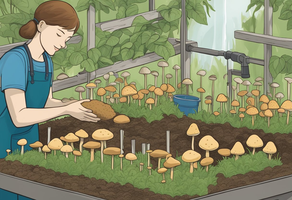 A table with mushroom spores, soil, and water. A person planting spores in soil and watering them. A sign reads "Mushroom Farm."