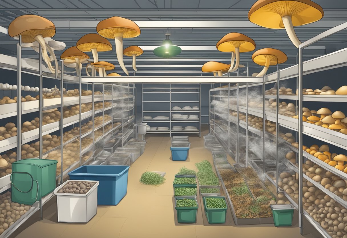 A clean, organized mushroom farm with labeled equipment, proper waste disposal, and efficient workflow