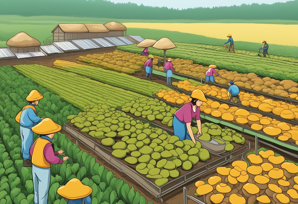 A mushroom farm with rows of cultivation beds, workers tending to the crops, and a sales team promoting products to potential buyers