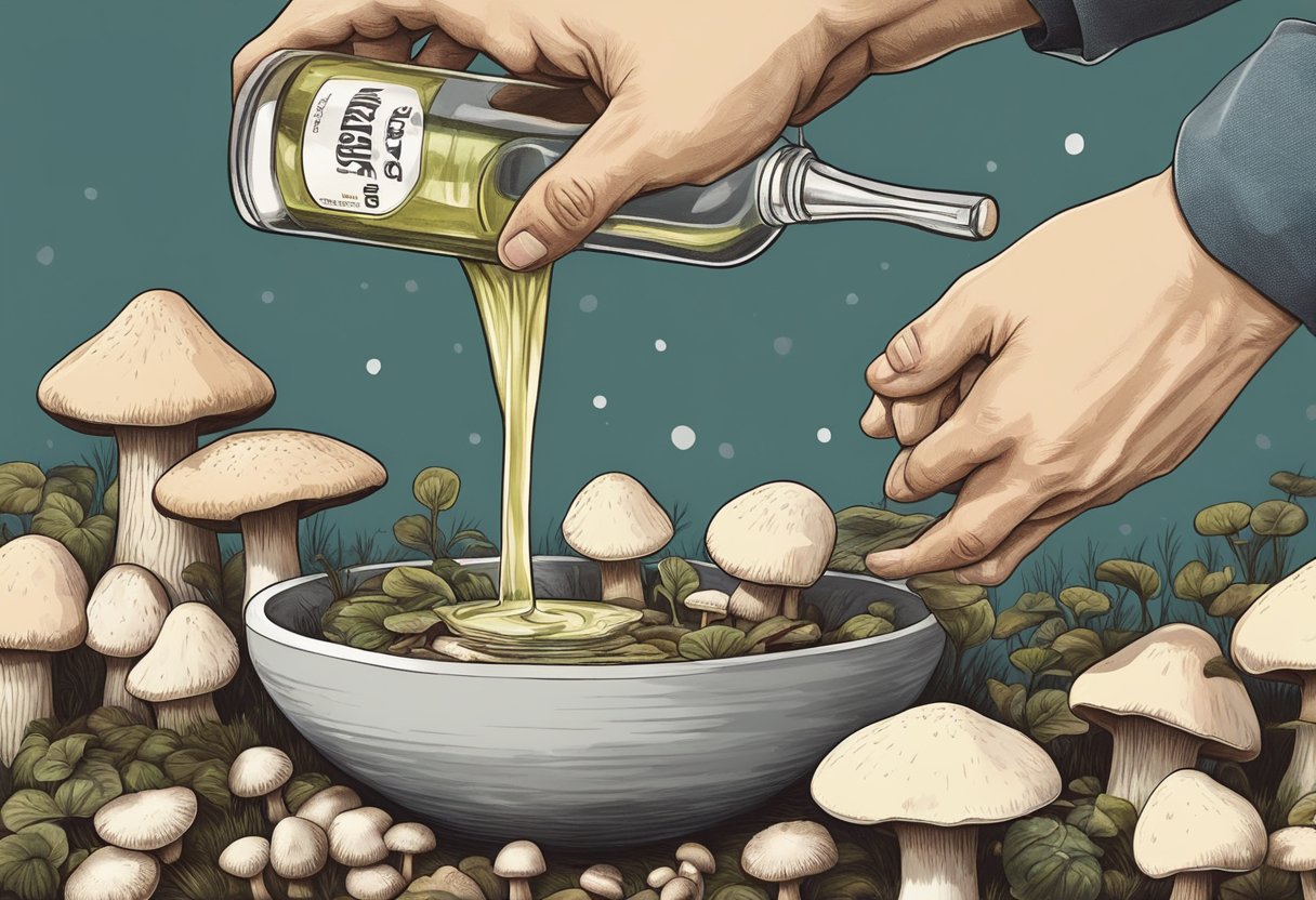 A hand pouring vinegar on a patch of mushrooms, halting their growth