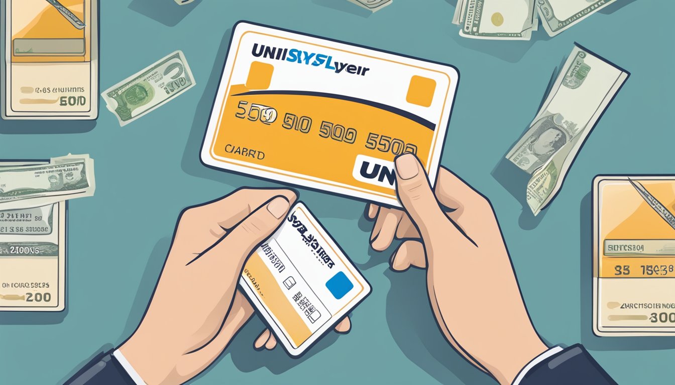 A hand holding a UNI$ card and a KrisFlyer card, with a conversion rate displayed between them