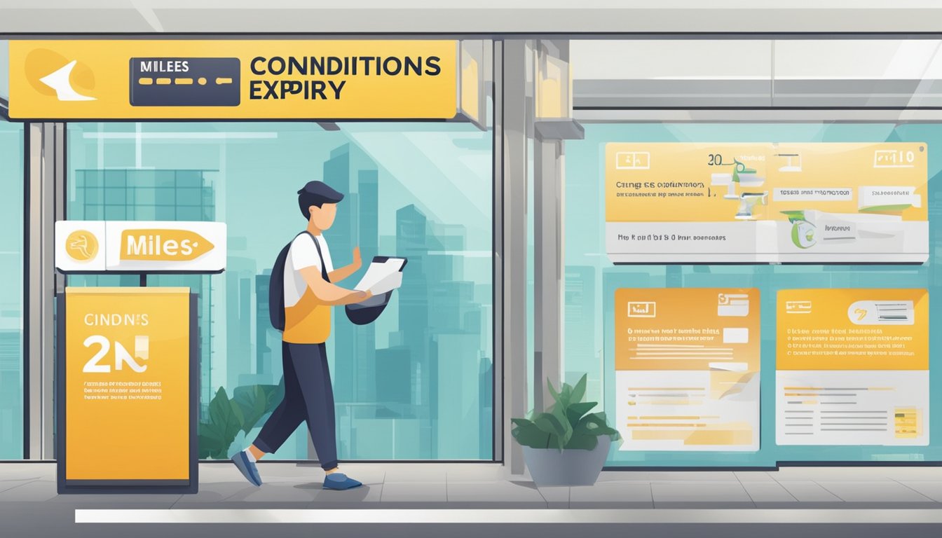A sign with "Terms, Conditions, and Expiry" is being converted from "uni" to "miles" in Singapore