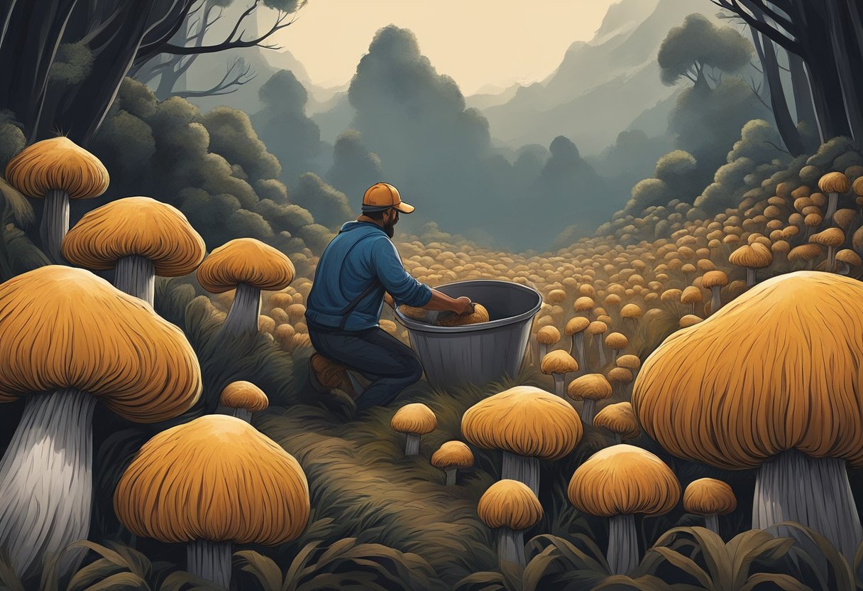 Lion's mane mushrooms being harvested, cleaned, and stored in a cool, dark environment
