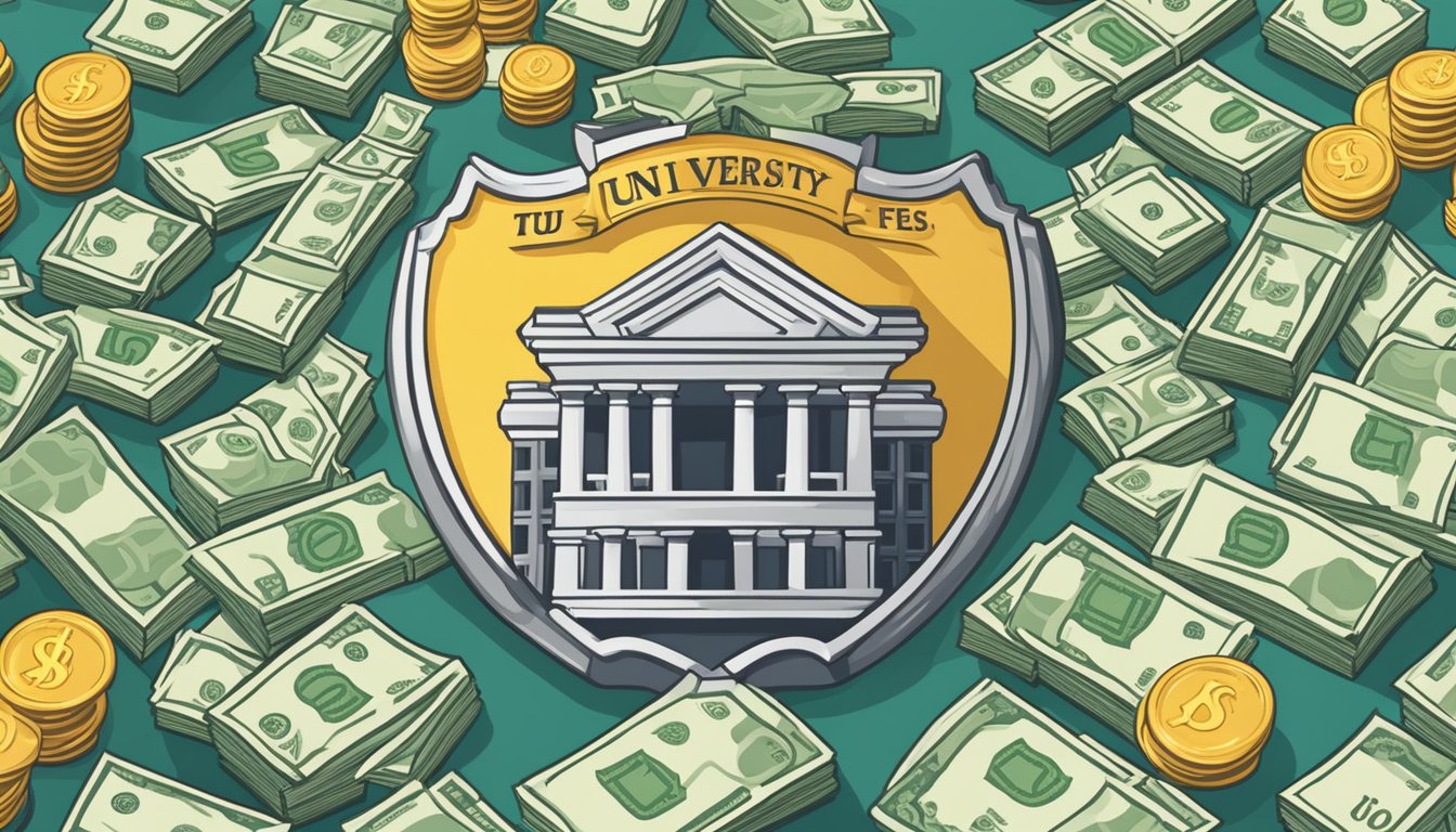 A university crest surrounded by stacks of money and a scale symbolizing the balance between tuition fees and financial aid in Singapore