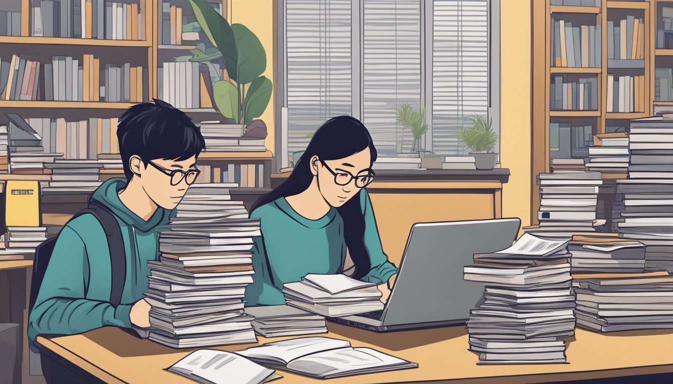 Students in Singapore face high costs of university life, including tuition, accommodation, and daily expenses. The scene could show a student surrounded by textbooks, a laptop, and a stack of bills to illustrate the financial burden of university