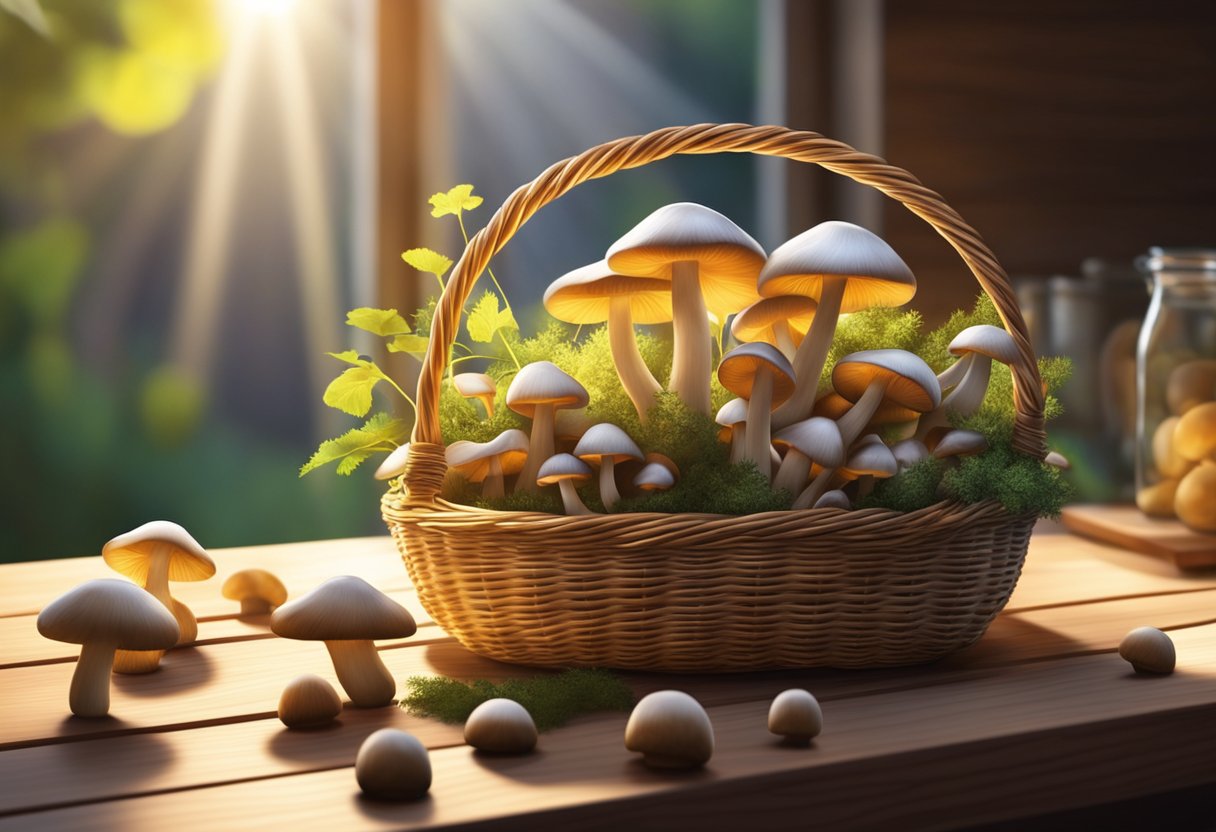 A basket of mushrooms sits on a wooden countertop. A ray of sunlight illuminates the scene, showcasing the freshness of the mushrooms