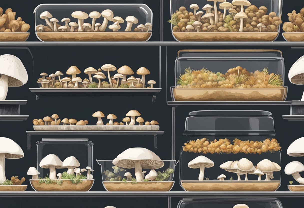 Mushrooms stored in a cool, dark, and well-ventilated space. Use a breathable container with a paper towel to absorb moisture. Avoid direct sunlight