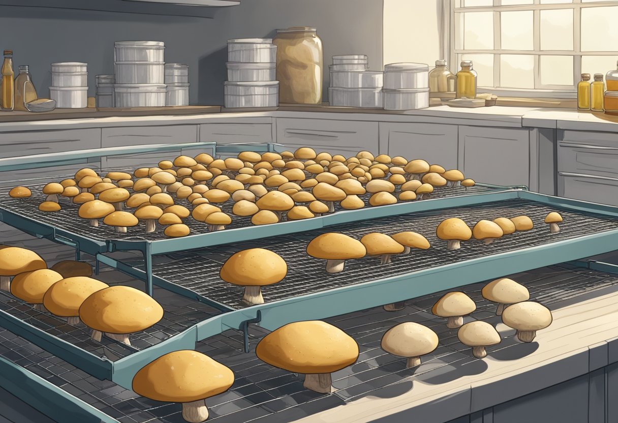 Mushrooms laid out on a mesh drying rack, surrounded by containers of salt, vinegar, and oil. A dehydrator hums in the background