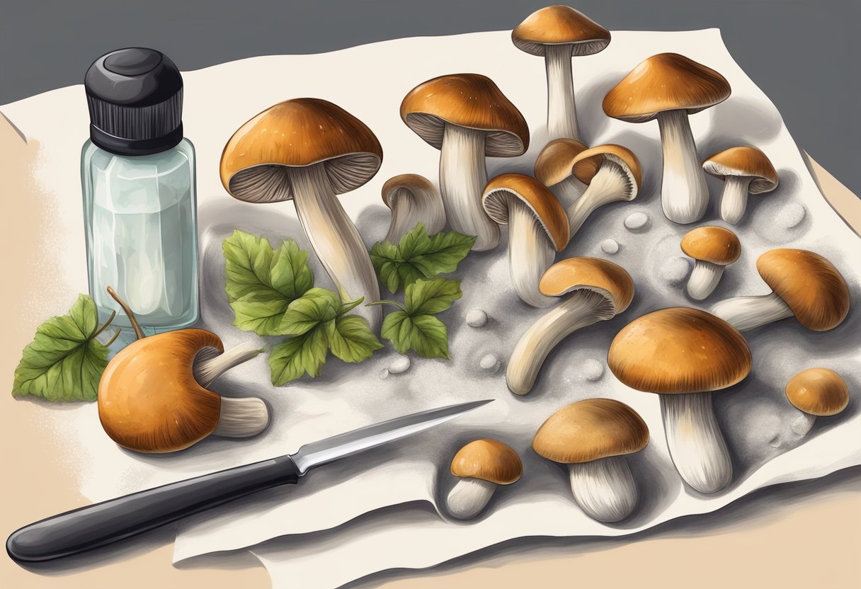 Mushrooms arranged on a paper towel, with a soft brush nearby for cleaning. A small bowl of salt and a knife for trimming stems