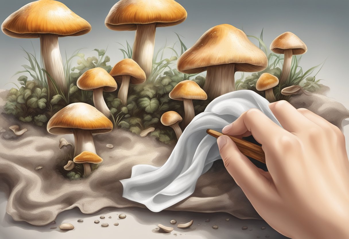 Mushrooms being wiped with a dry cloth, removing dirt and debris without using water