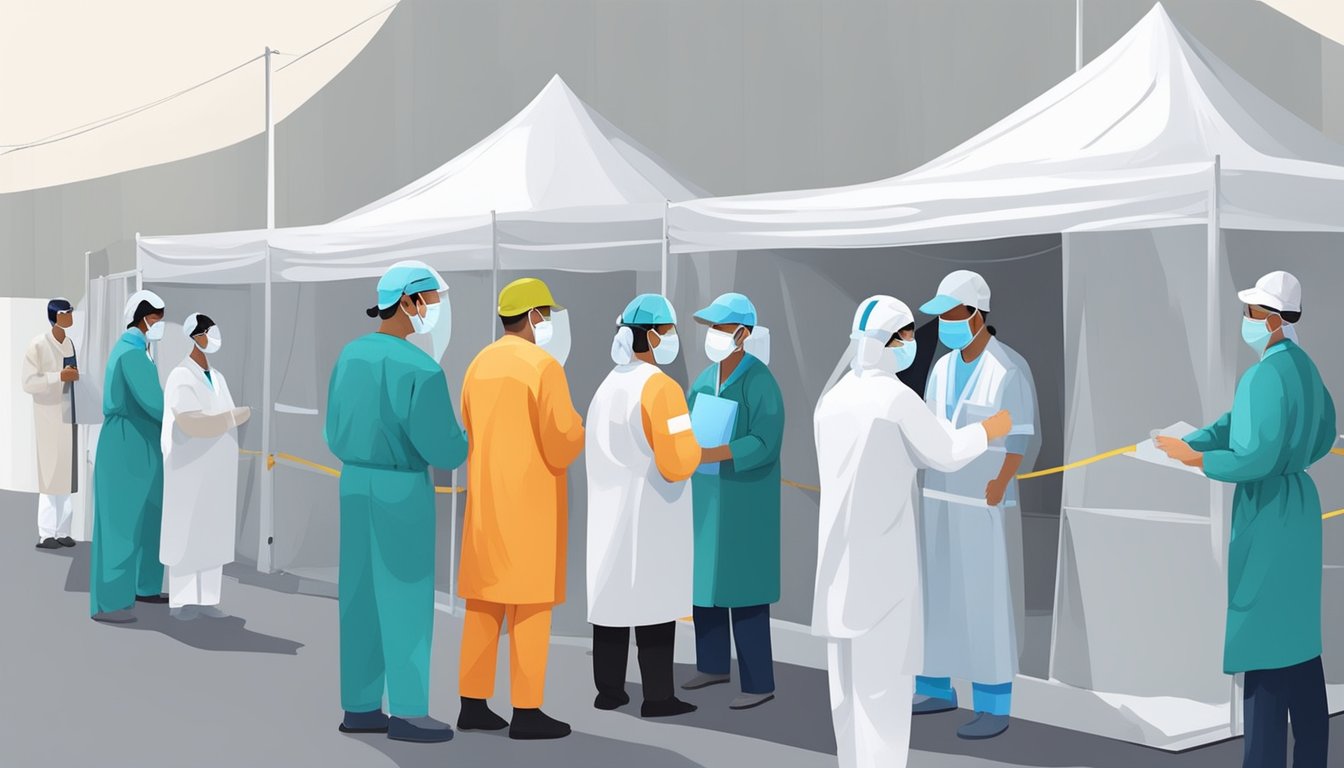 People queue outside a white tented Covid test centre in Singapore. Medical staff in PPE assist patients