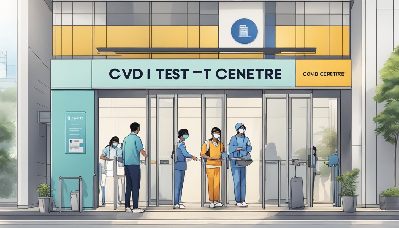 People line up outside a modern building with signs reading "Covid Test Centre" in Singapore. A staff member in protective gear assists a person at the entrance