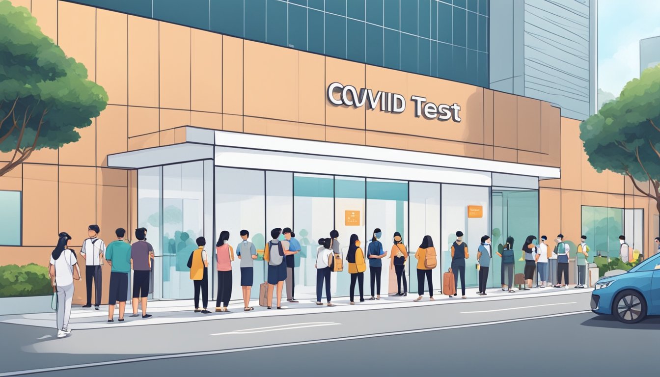 People are lining up outside a Covid test center in Singapore, waiting to book their appointments. The center is busy with staff assisting visitors