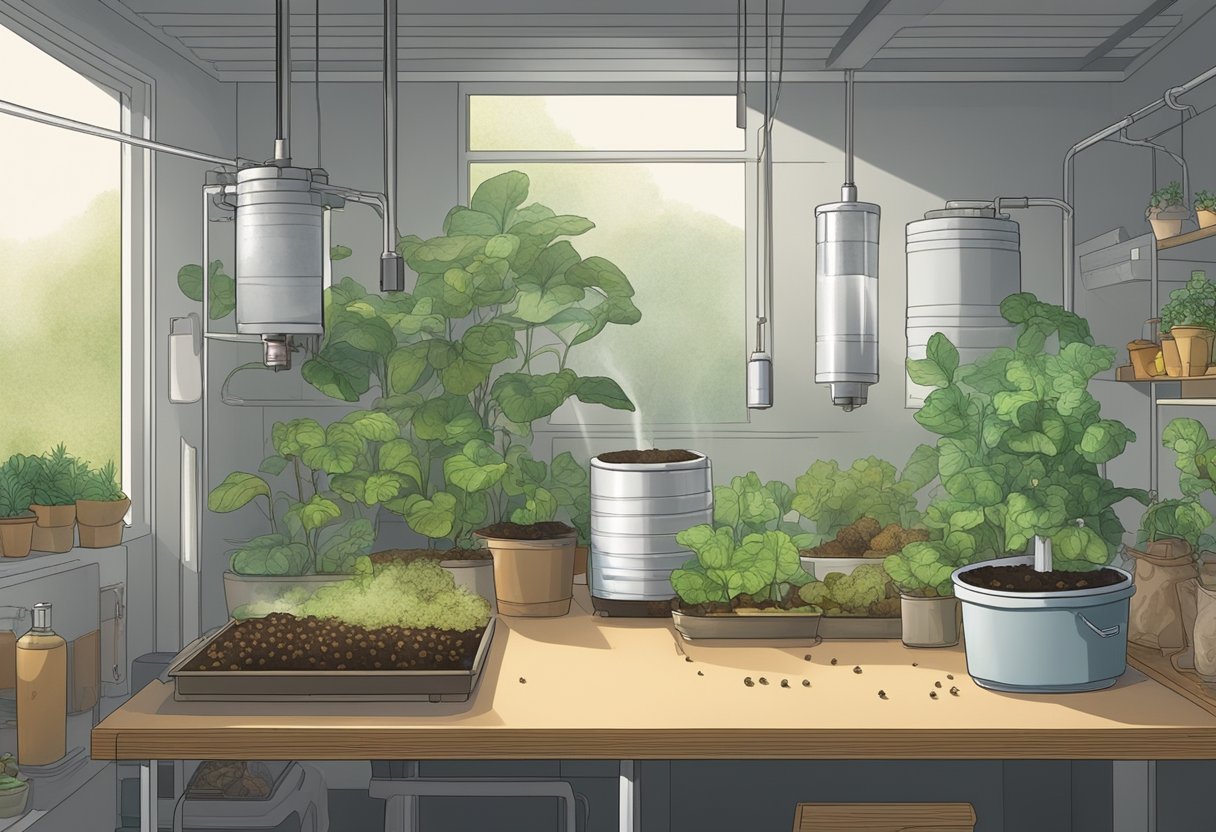 A small, well-lit indoor space with trays of compost and mushroom spores. A misting bottle and thermometer sit nearby