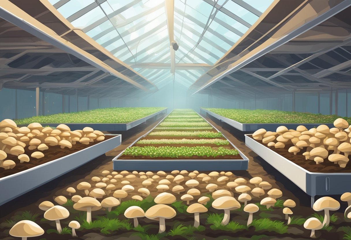 Lush mushroom farm with trays, soil, and compost. Bright light and controlled temperature. Harvesting ripe button mushrooms