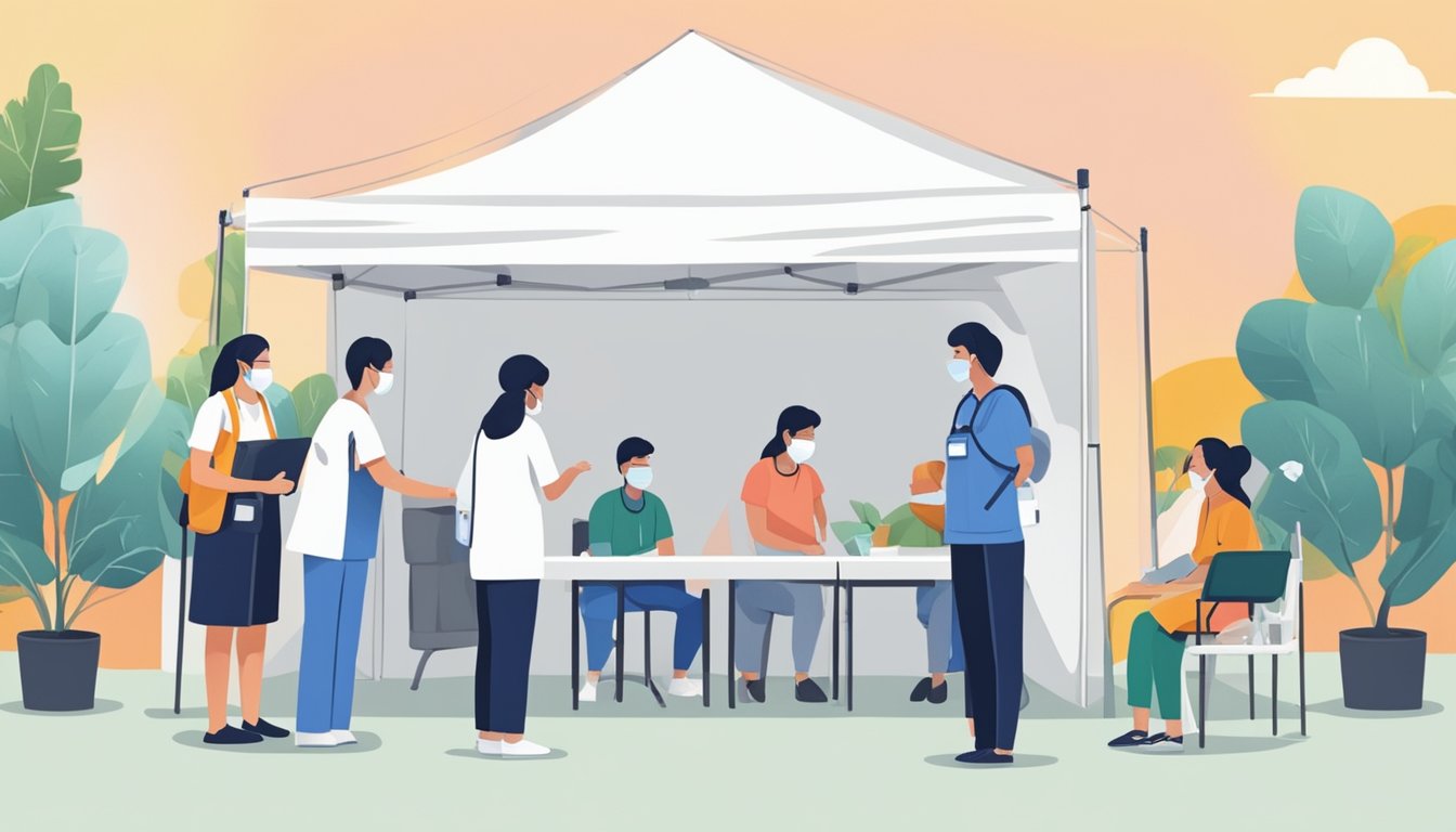 A line of people waiting outside a white tent with a sign "Frequently Asked Questions covid test centre" in Singapore. A healthcare worker administers tests to a patient