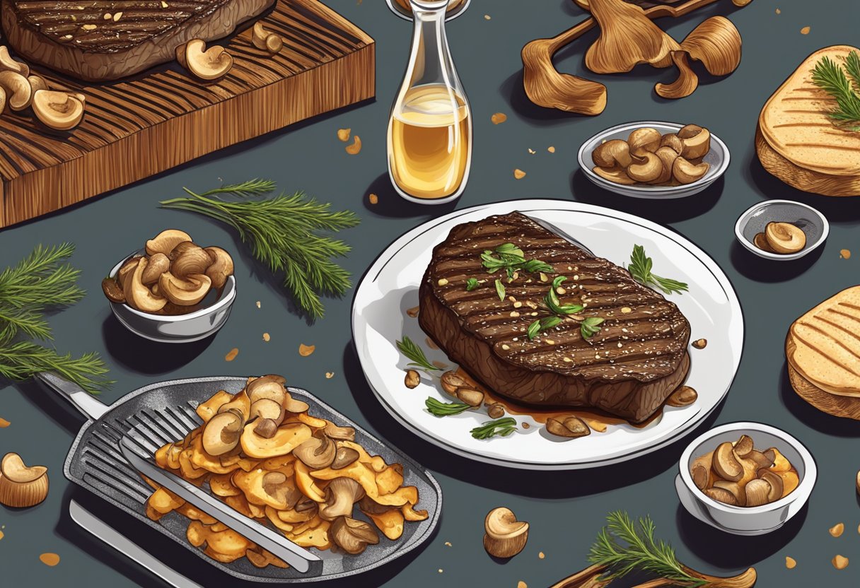 A sizzling steak topped with savory mushrooms, golden and caramelized, resting on a hot grill