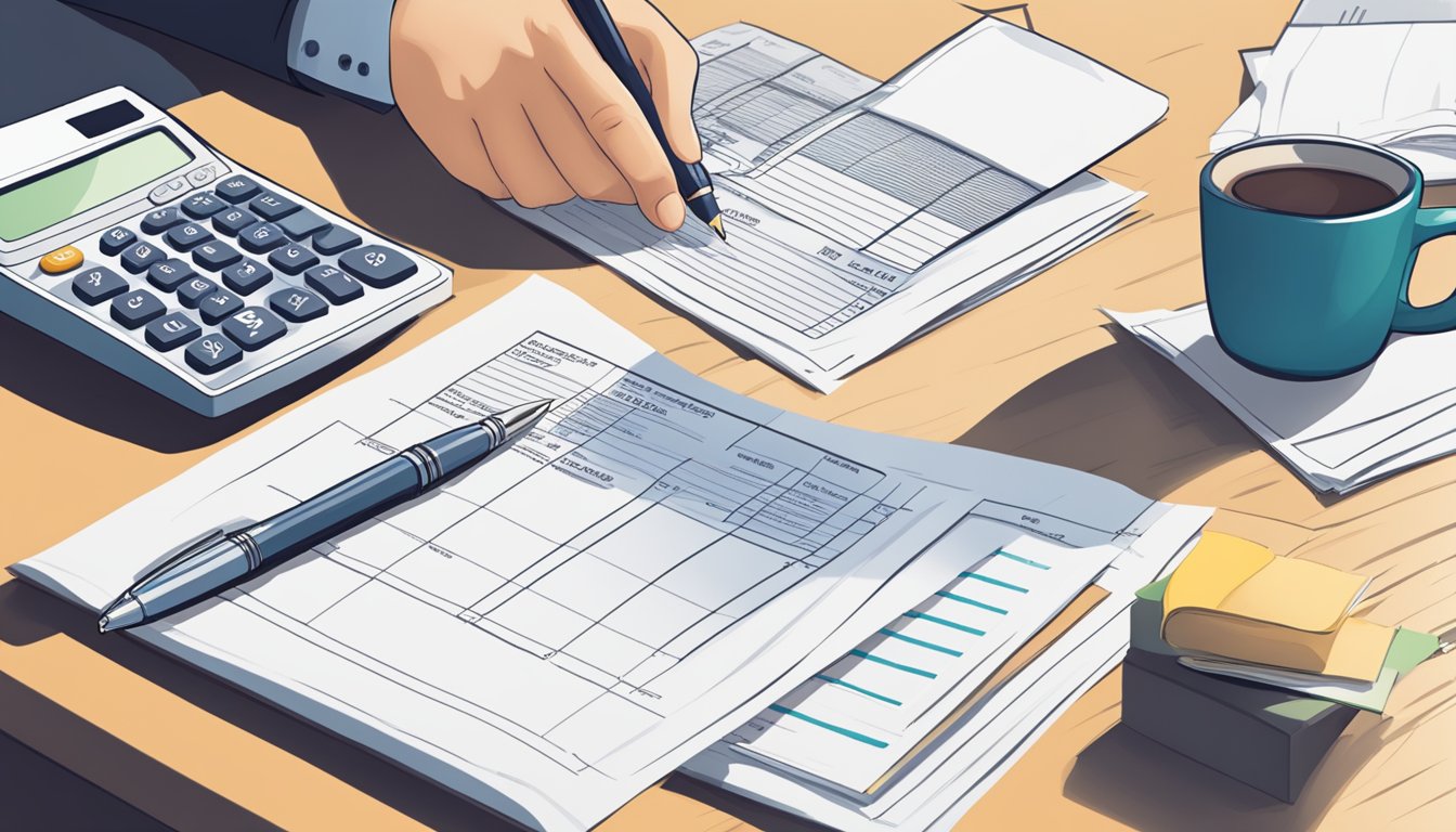 A table with financial documents, a calculator, and a CPF statement showing accrued interest. A person's hand holding a pen, ready to make notes