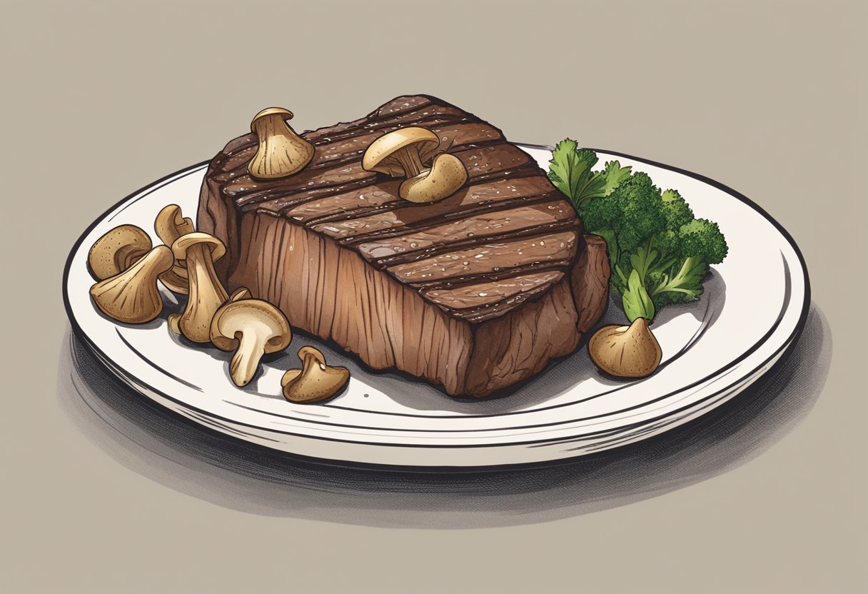 A juicy steak topped with savory mushrooms, with a clear label showing nutritional information