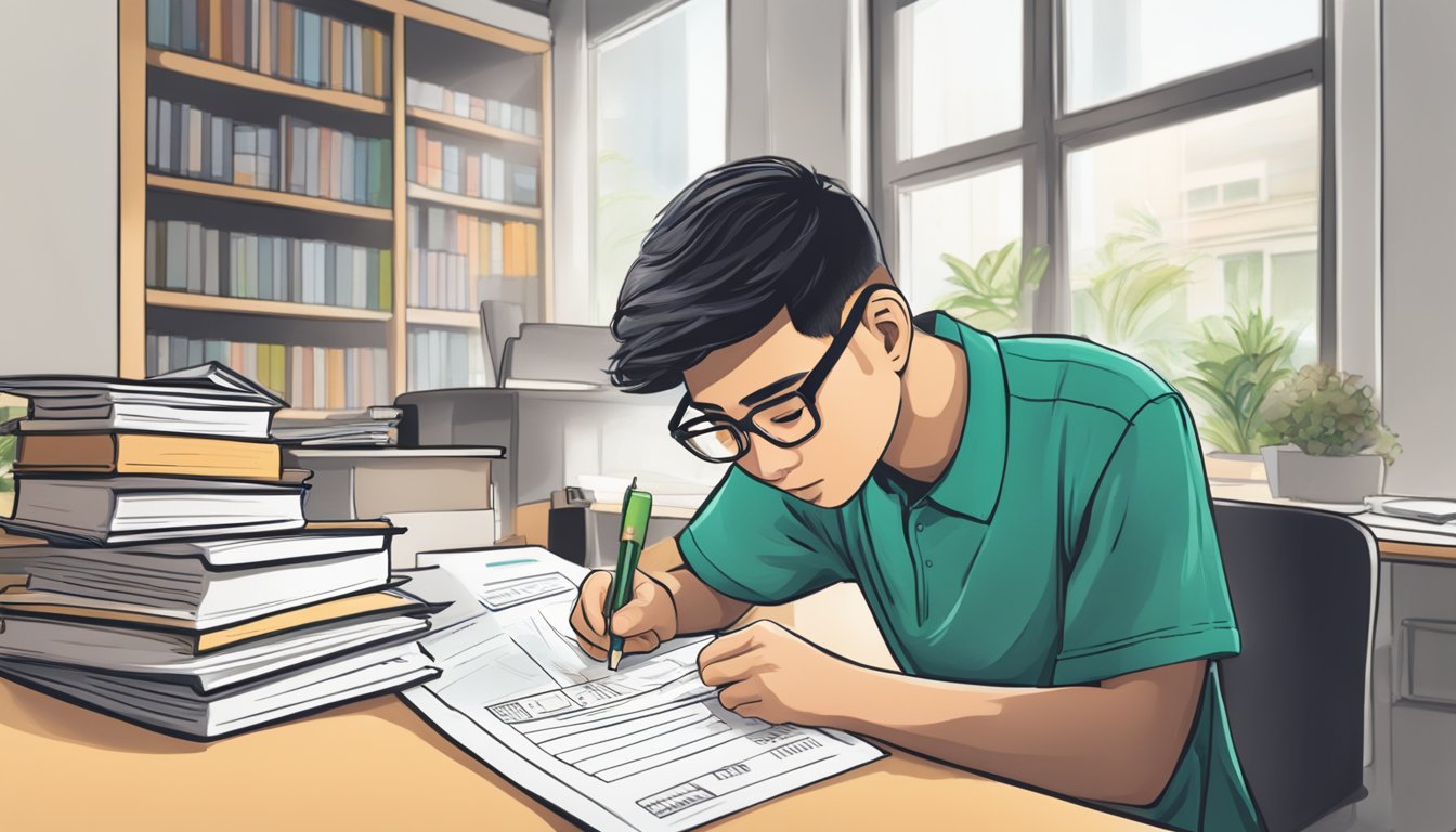 A student in Singapore fills out CPF education loan forms at a desk