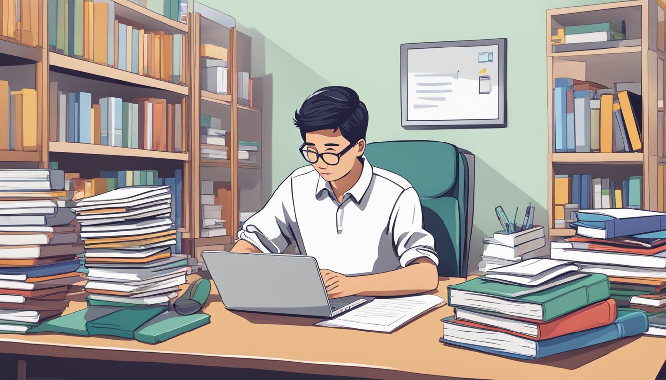 A student sitting at a desk, surrounded by textbooks and a laptop, filling out paperwork for the CPF Education Loan Scheme in Singapore