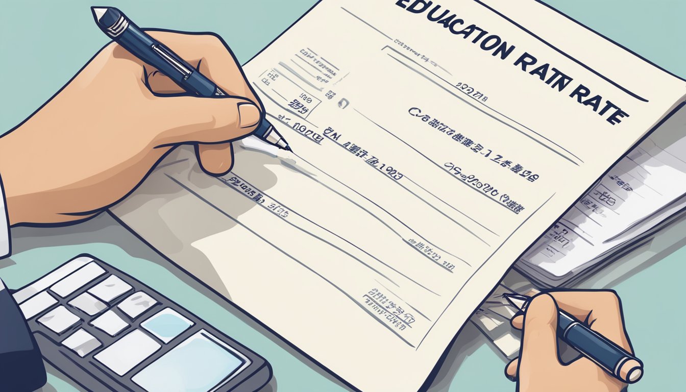A hand holding a pen, signing a document with "CPF Education Loan Interest Rate Singapore" written on it