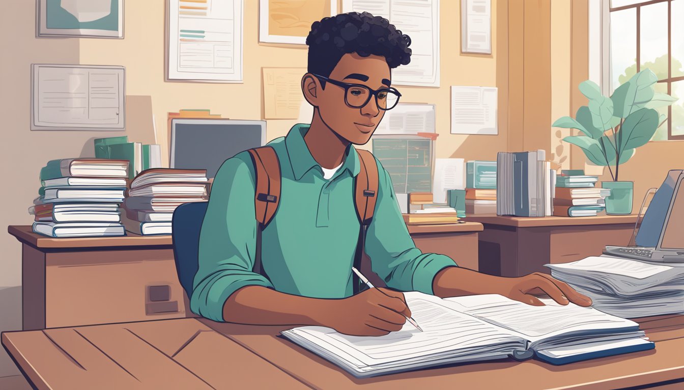 A student sits at a desk, studying with textbooks and a laptop. A CPF Education Loan document is visible, with the interest rate highlighted