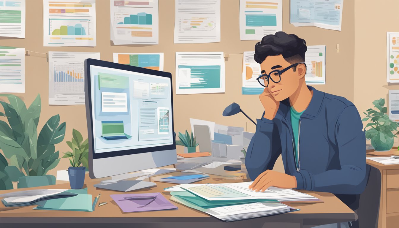 A student sits at a desk, surrounded by paperwork and computer screens. On one side, a CPF Education Loan brochure. On the other, various other loan options