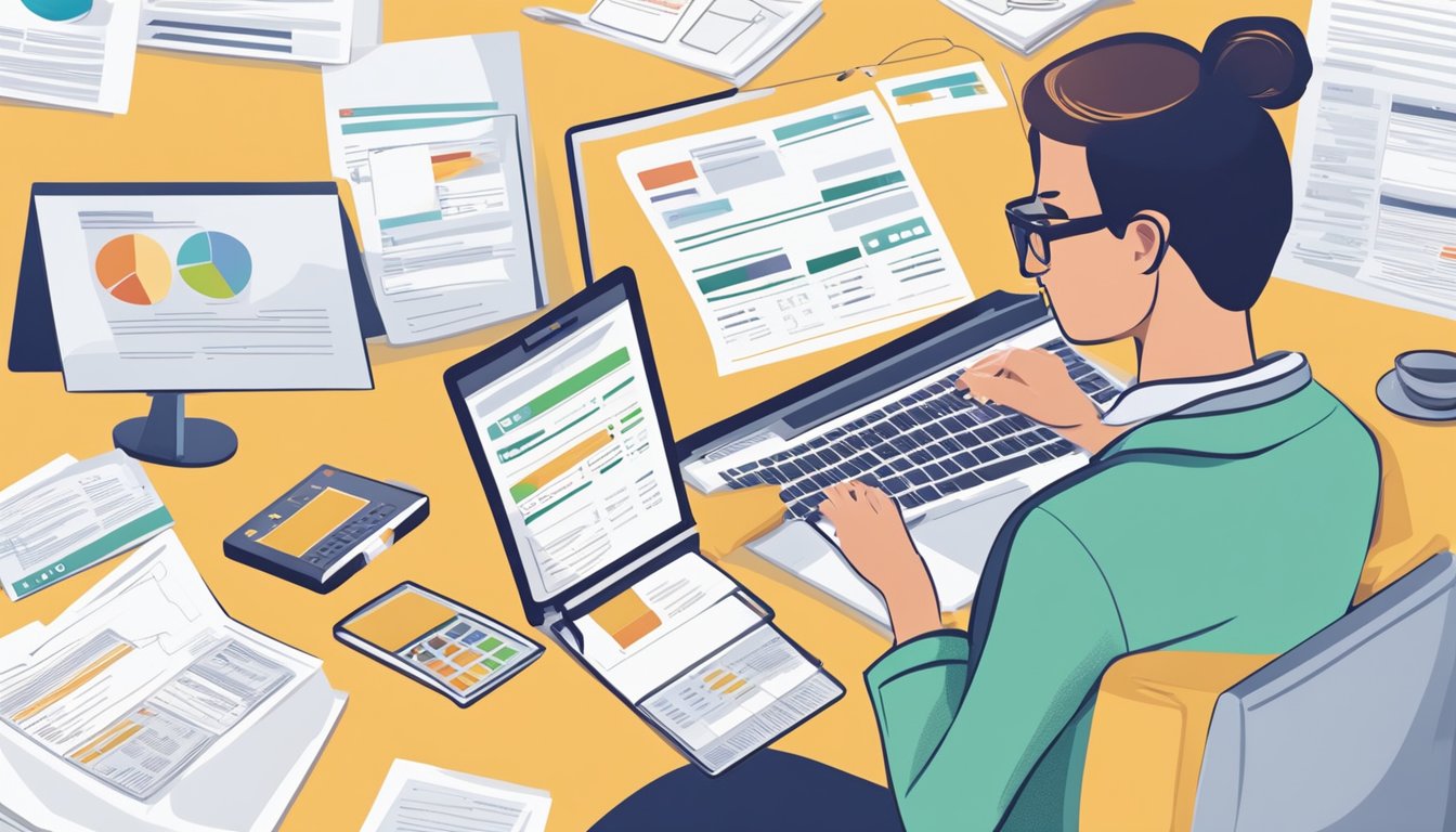 A person filling out an application form with documents and a laptop, surrounded by educational loan information and interest rates