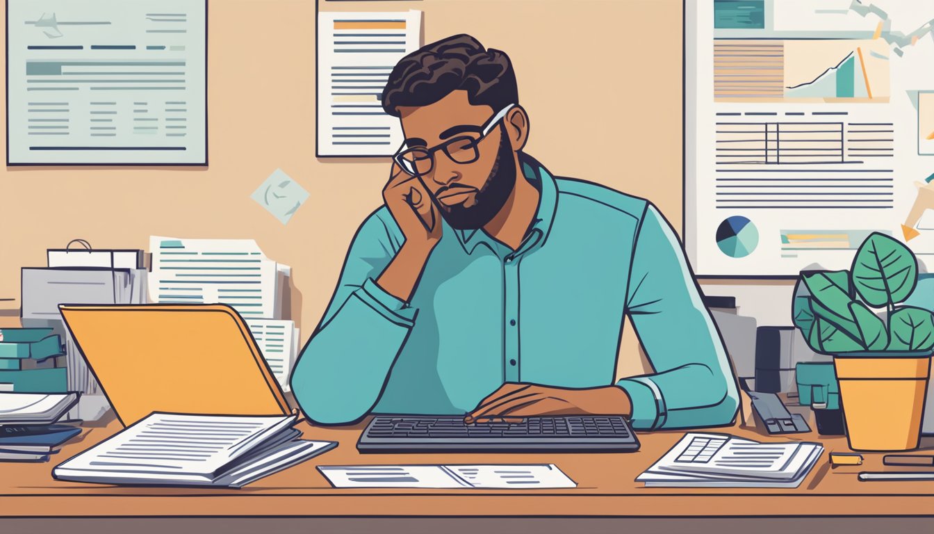 A person sits at a desk with a laptop, surrounded by financial documents. A calculator, pen, and notebook are nearby. A CPF and education loan statement are visible, with a focus on the interest rates