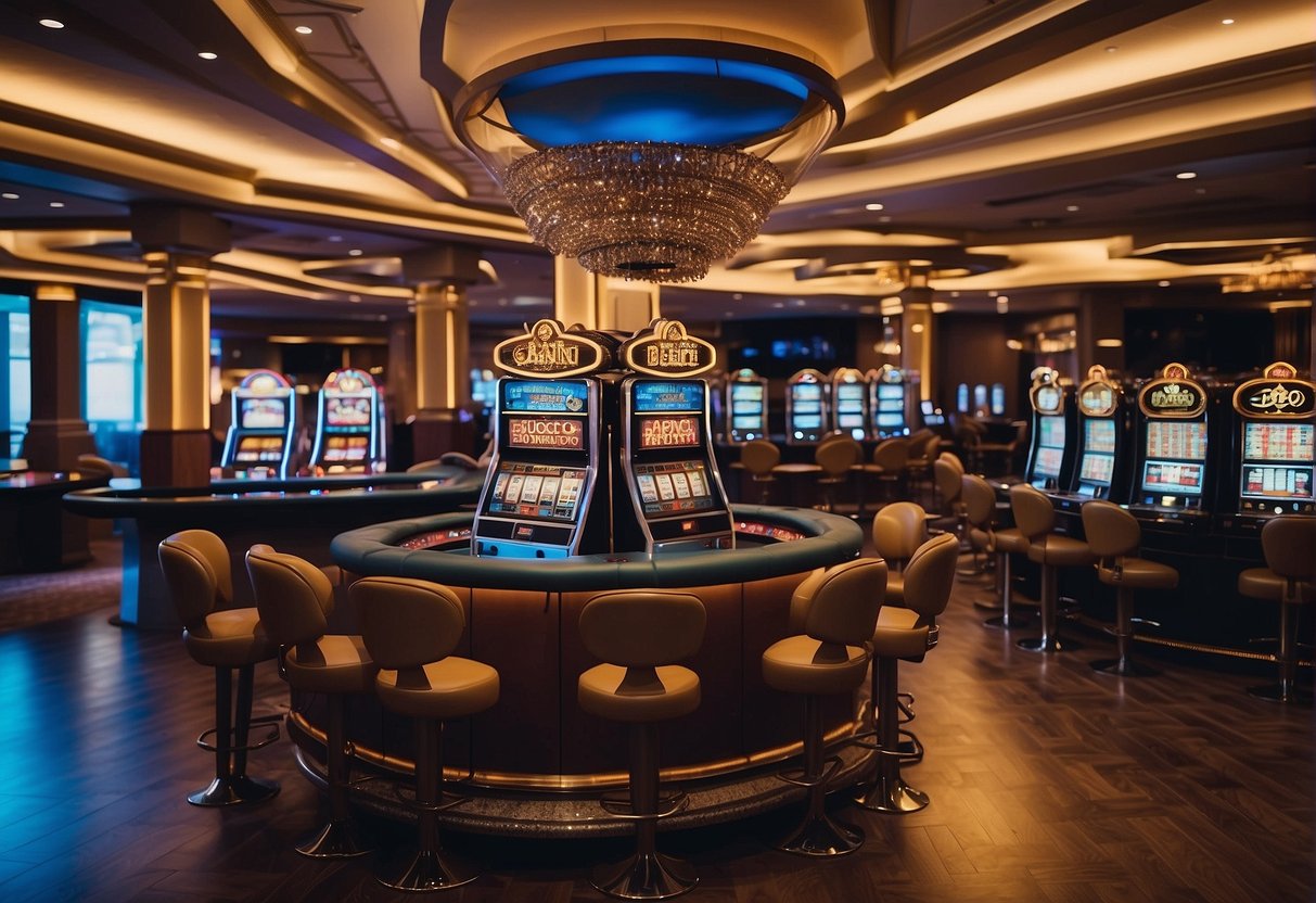 Een casino zonder KYC-vereisten, met een prominent bord met "geen stortingsbonus" en een gastvrije sfeer
