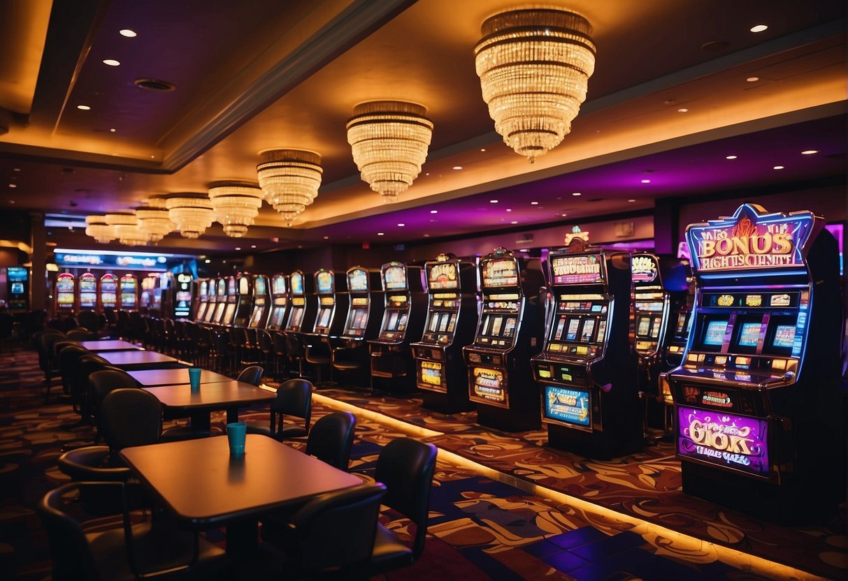 Un casino coloré avec des lumières clignotantes et des machines à sous, affichant « Codes bonus sans dépôt - pas de kyc » en lettres grasses