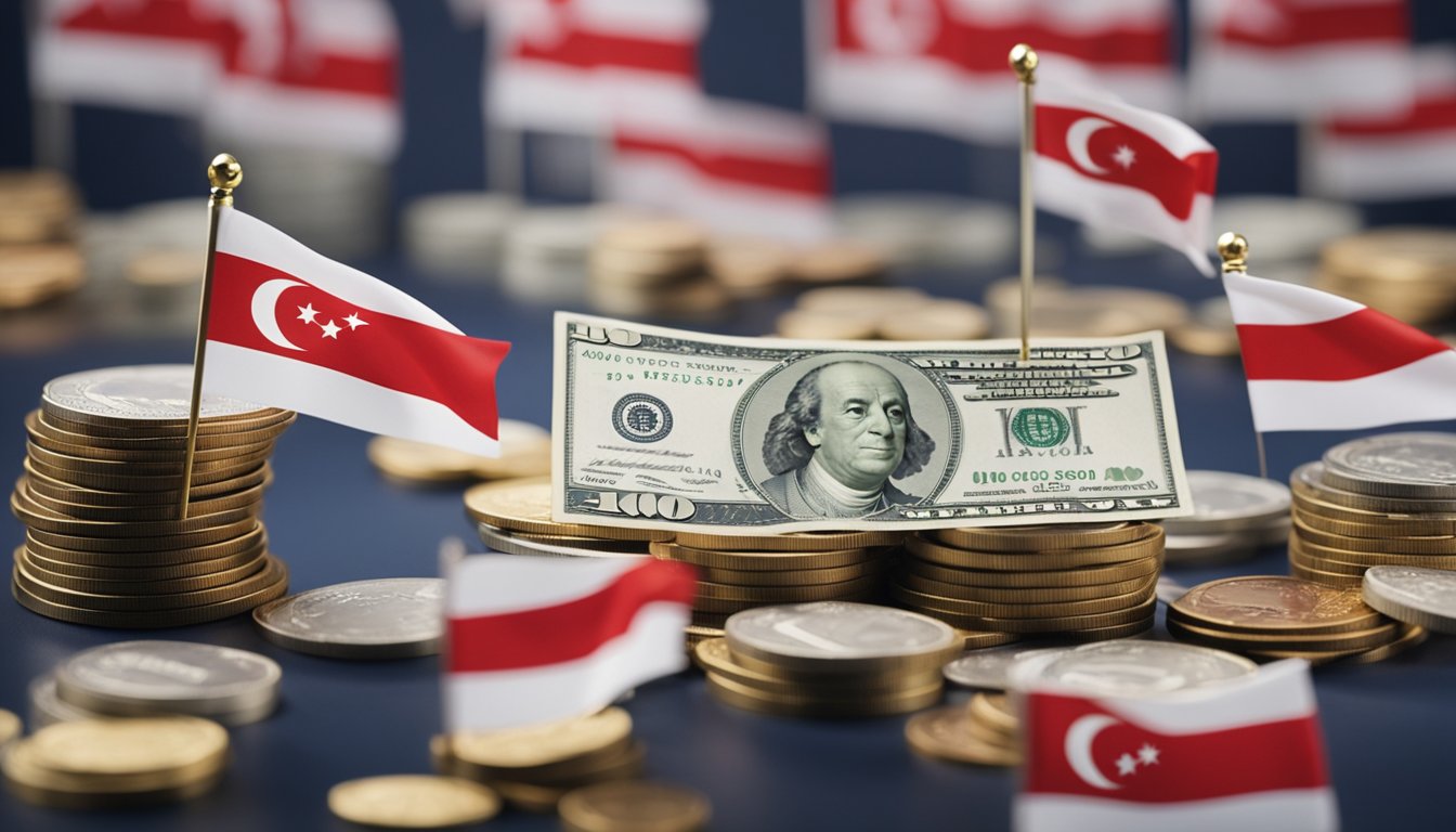 A Singaporean flag flies in the background as a stack of money is exchanged between a lender and borrower, symbolizing the process of personal loans in Singapore