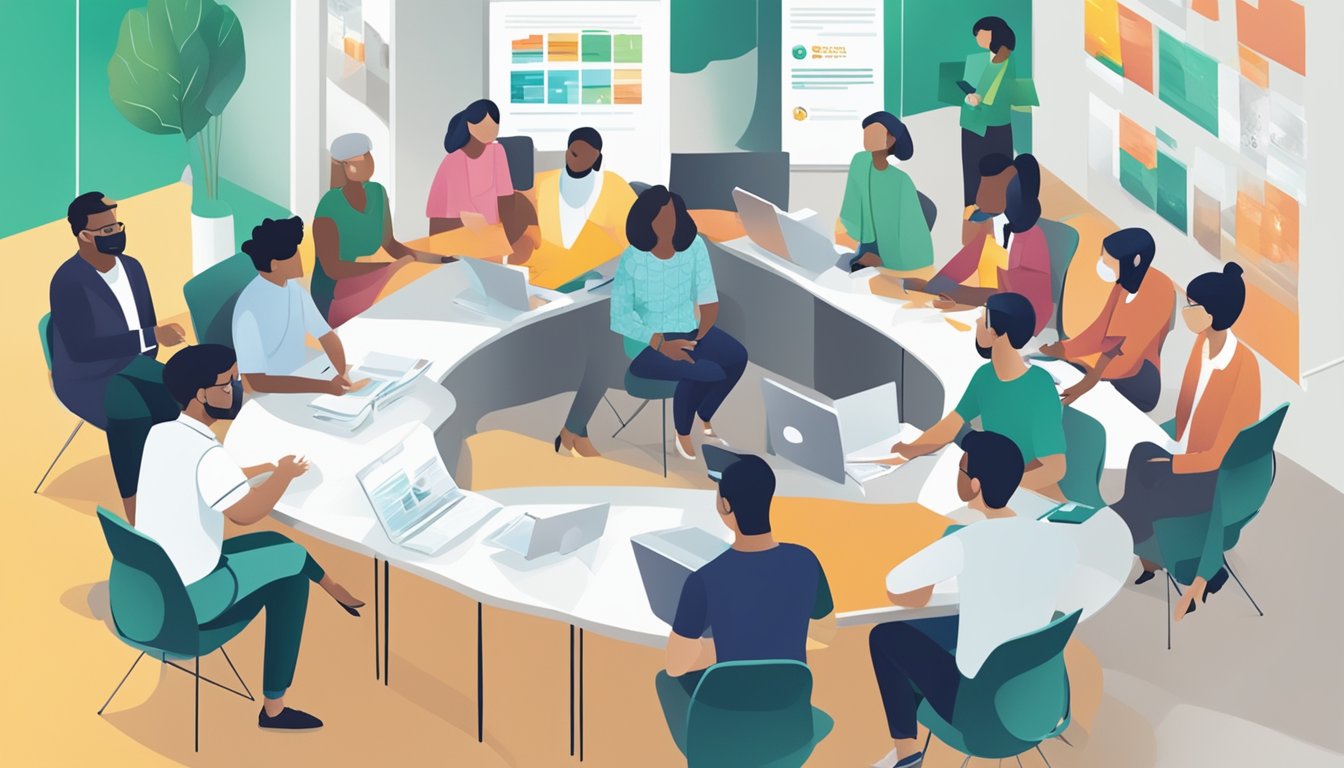 A group of people in a diverse setting, discussing and collaborating on a project, with the CPF Grant Singapore logo displayed prominently