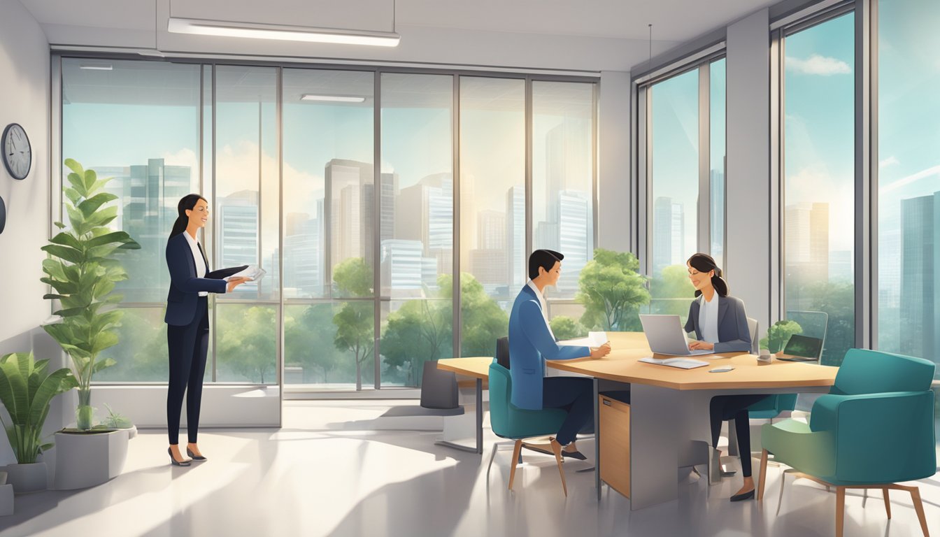 A couple receiving CPF housing grants from a government official in a modern office setting