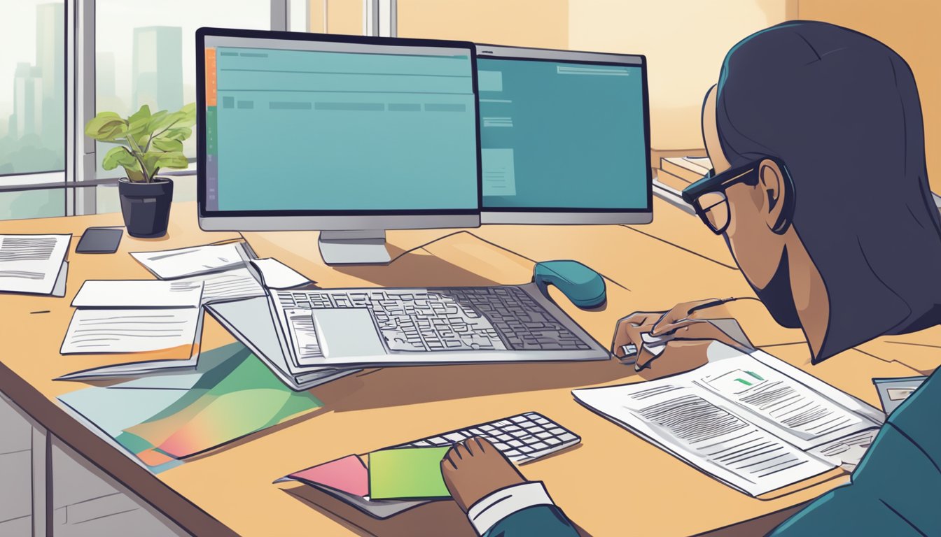 A person filling out CPF grant forms at a desk with a computer and paperwork