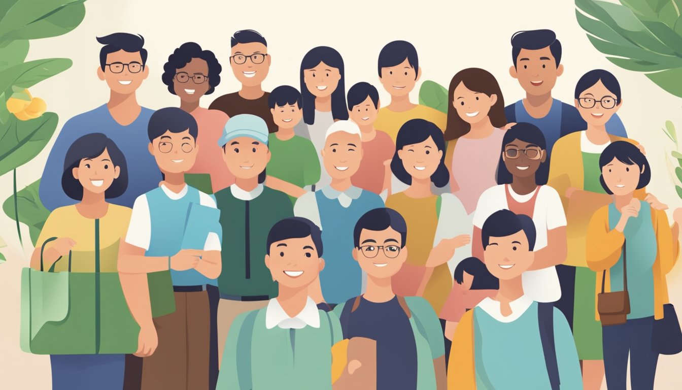 A diverse group of families receive special grants, symbolized by a CPF grant logo, in Singapore