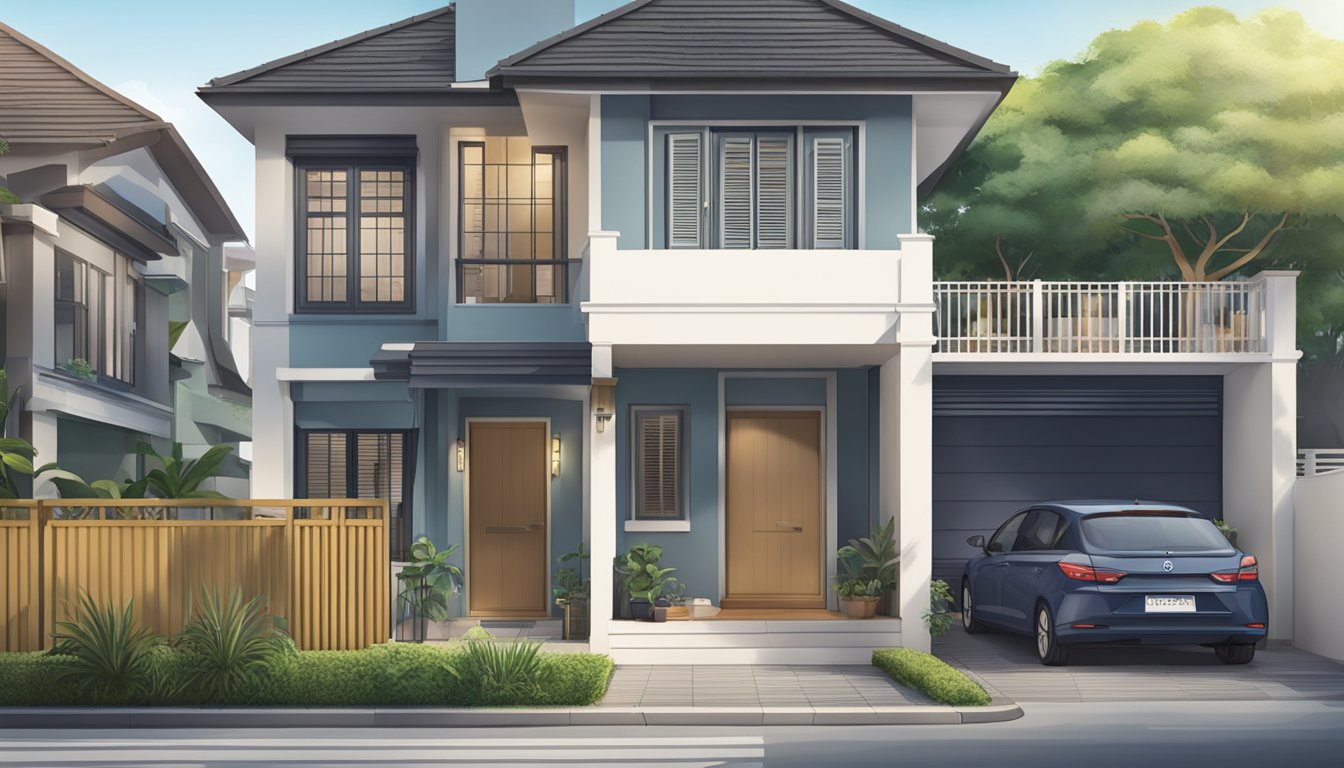 A house with a "CPF Grant Eligible" sign and a lease remaining sign in Singapore