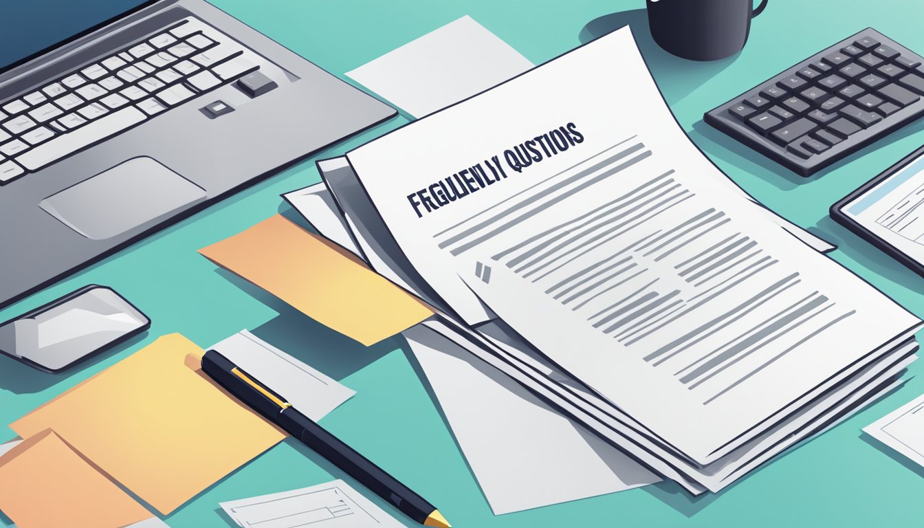 A stack of papers with "Frequently Asked Questions CPF Grant Singapore" printed on top, surrounded by a computer, pen, and official documents