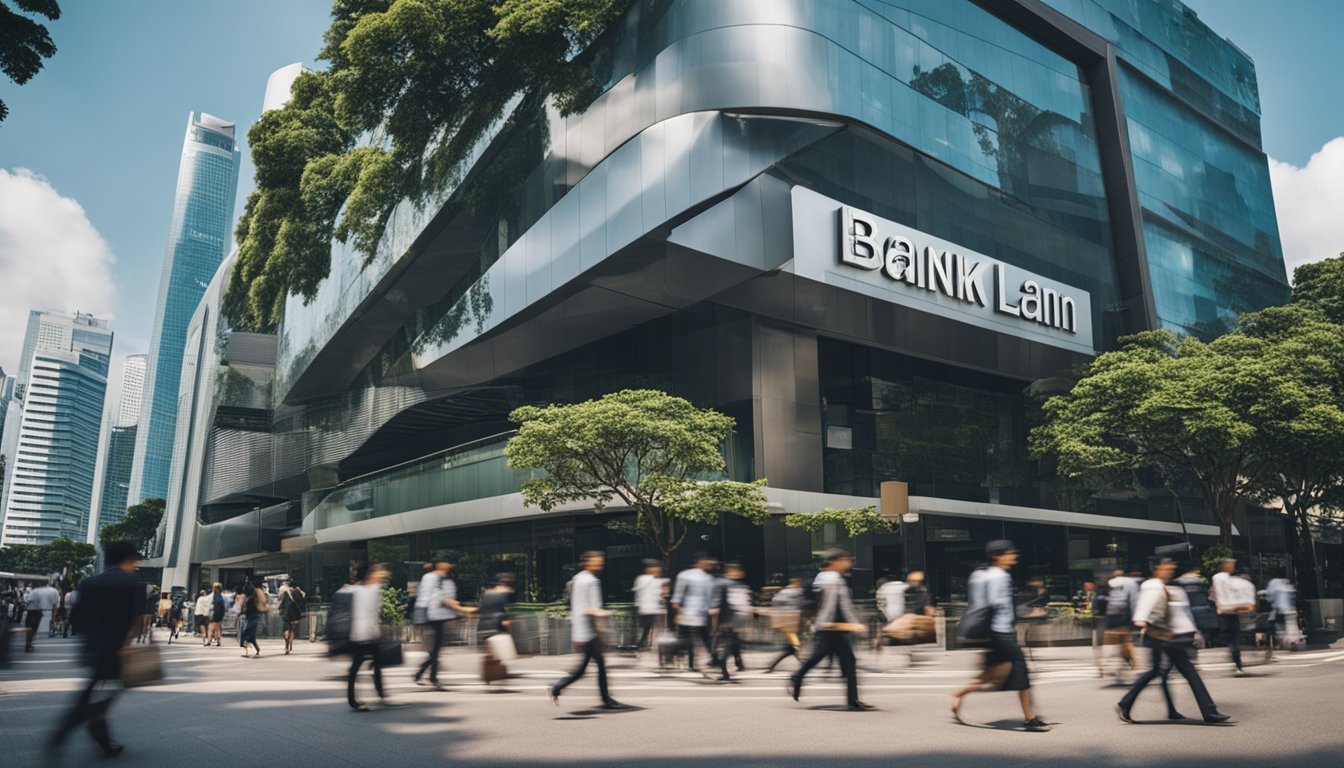 A busy Singapore street with a bank sign advertising personal loans for foreigners. People of various nationalities are seen entering and exiting the bank