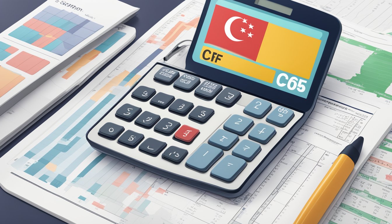 A calculator with the CPF logo displayed on the screen, surrounded by financial documents and a Singaporean flag in the background