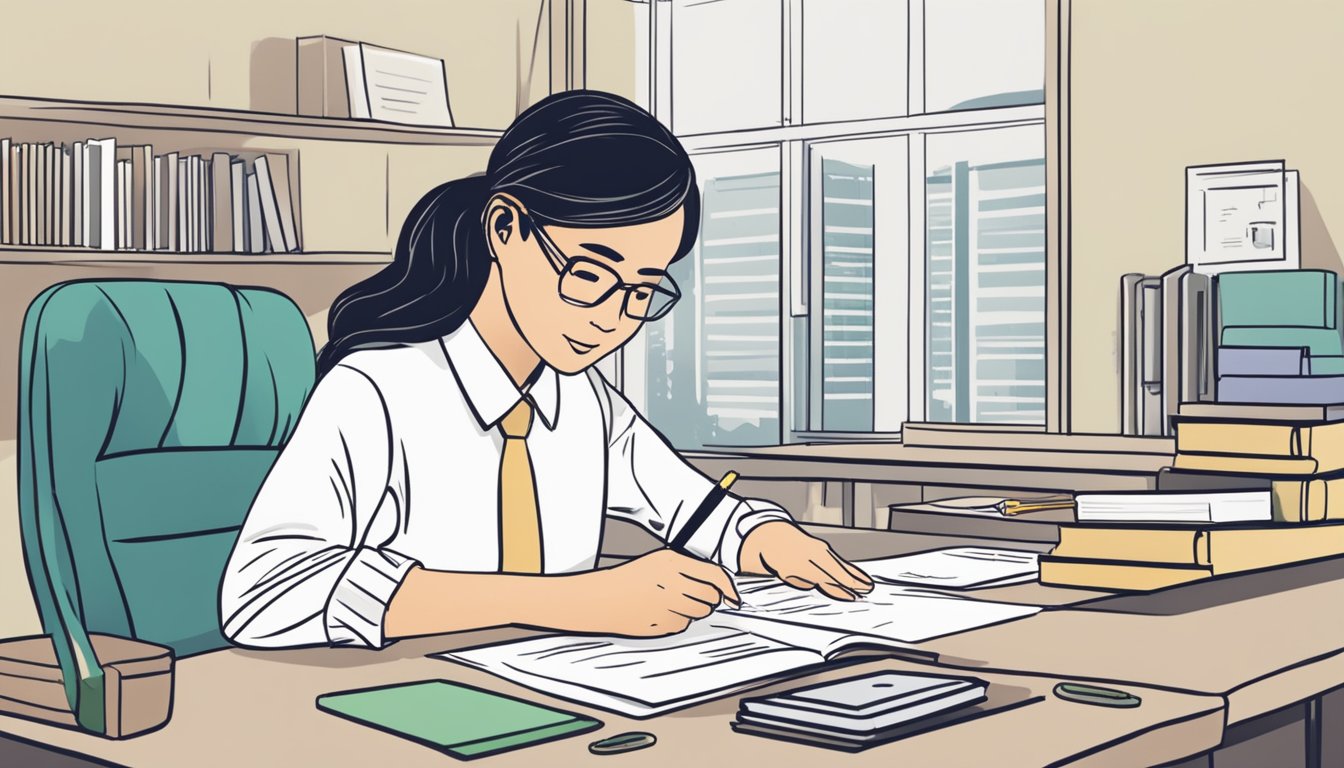 A person sitting at a desk, writing a check to repay their CPF housing loan in Singapore