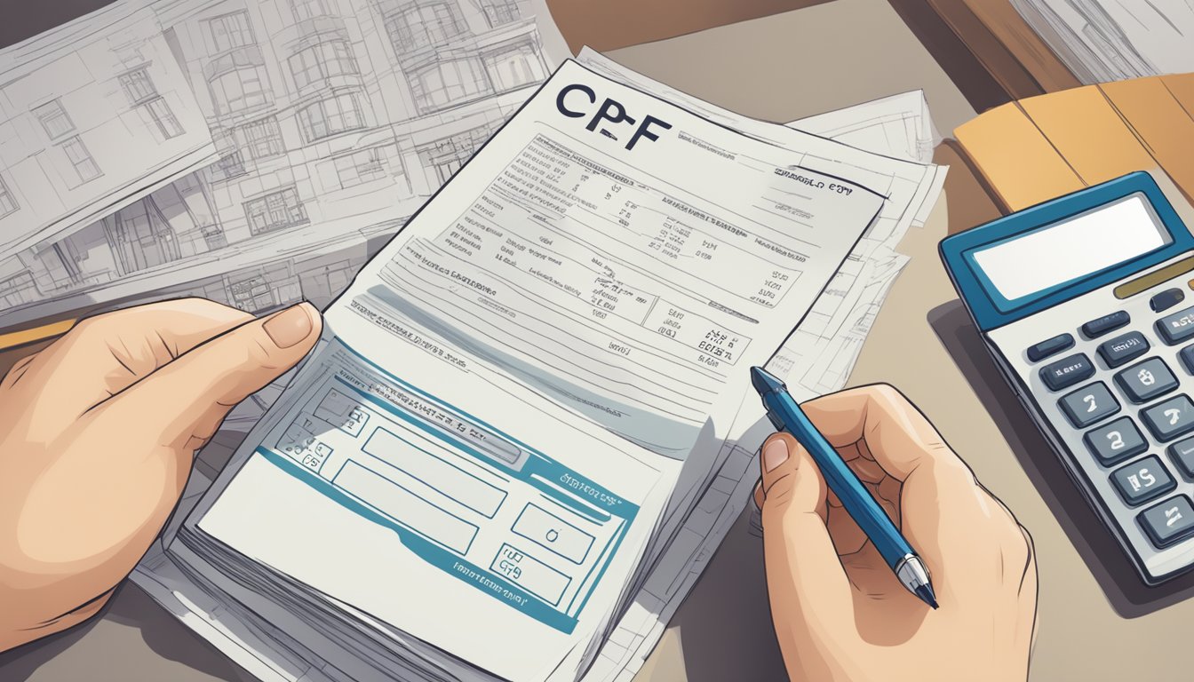 A person using a calculator to calculate CPF usage for property purchase, with a CPF housing loan repayment statement in the background
