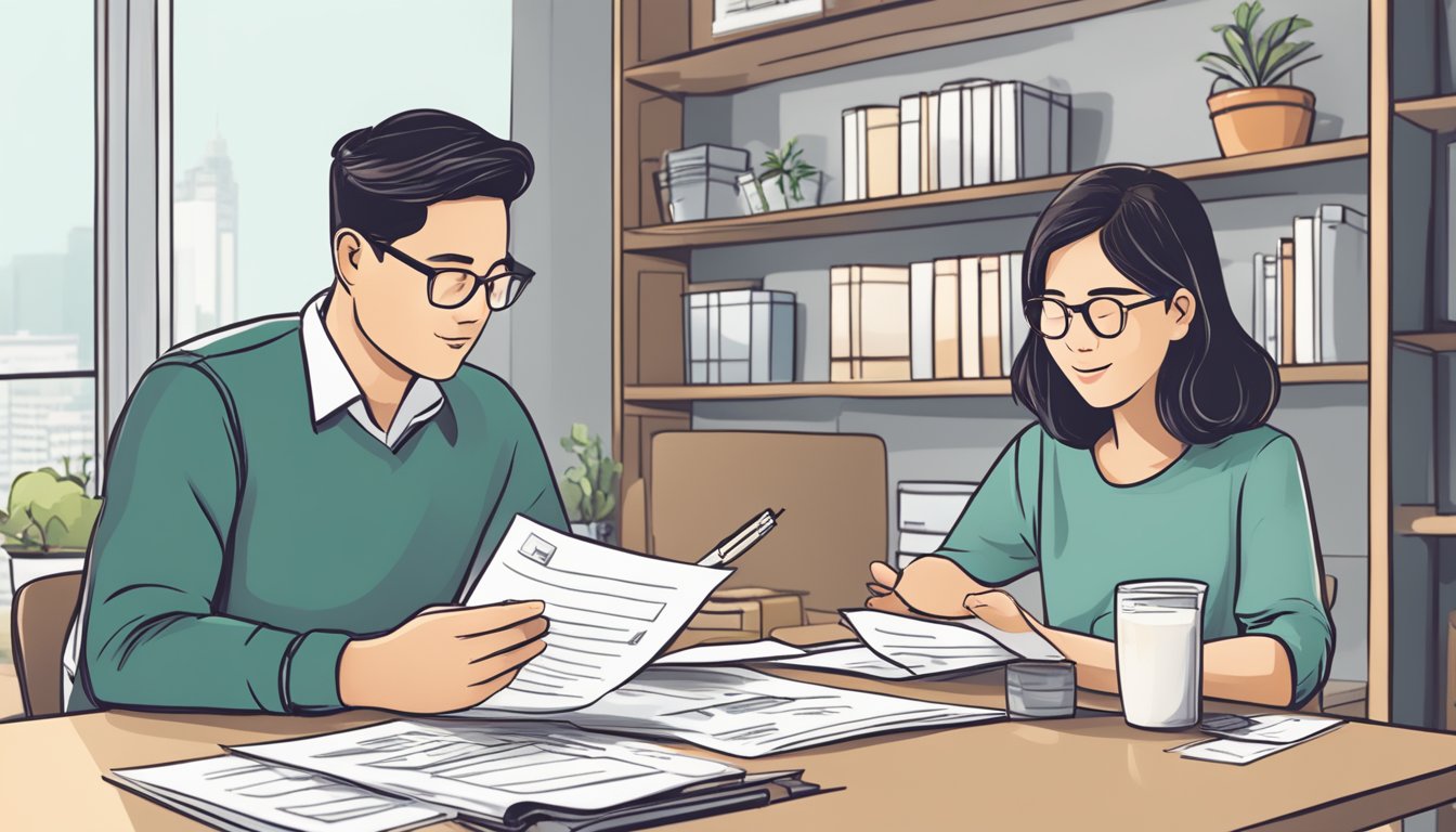 A couple sits at a table reviewing CPF housing loan repayment options in Singapore. Documents and a calculator are spread out in front of them