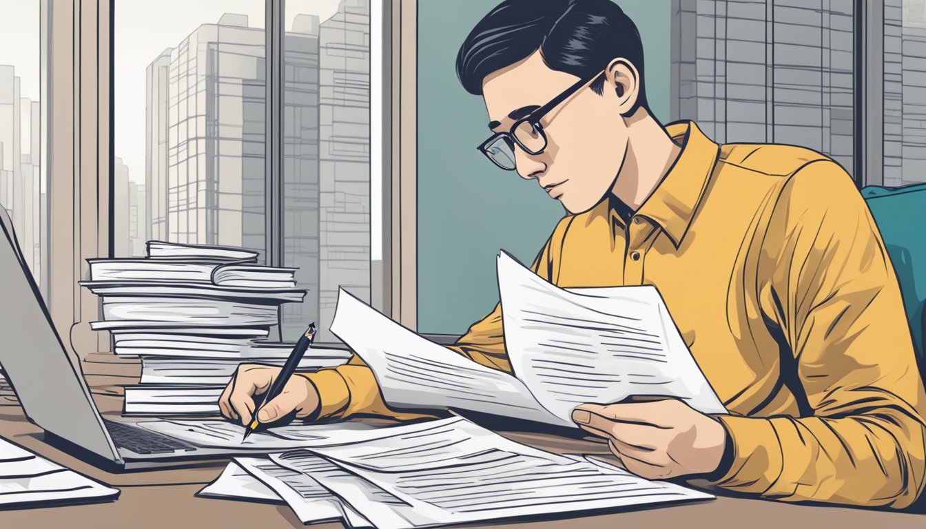 A person sitting at a desk, reading a document titled "Frequently Asked Questions CPF Housing Loan Repayment Singapore." The person is holding a pen and appears to be deep in thought