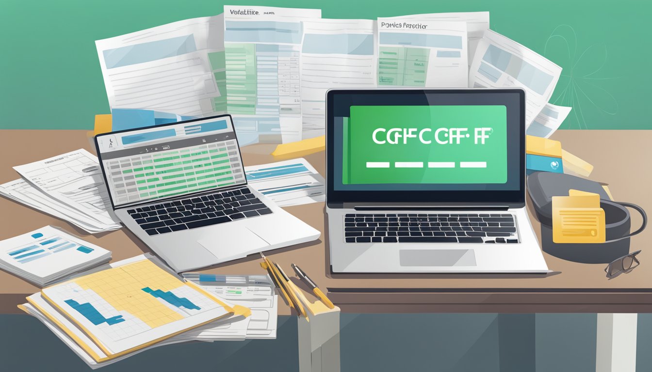 A table with a laptop displaying the CPF LIFE Payout Estimator website, surrounded by financial documents and a calculator