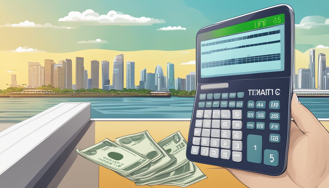 A calculator displaying retirement savings, CPF Life estimator, and Singapore skyline in the background