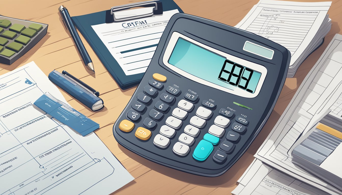A calculator on a desk, surrounded by financial documents and a CPF Life Estimator booklet
