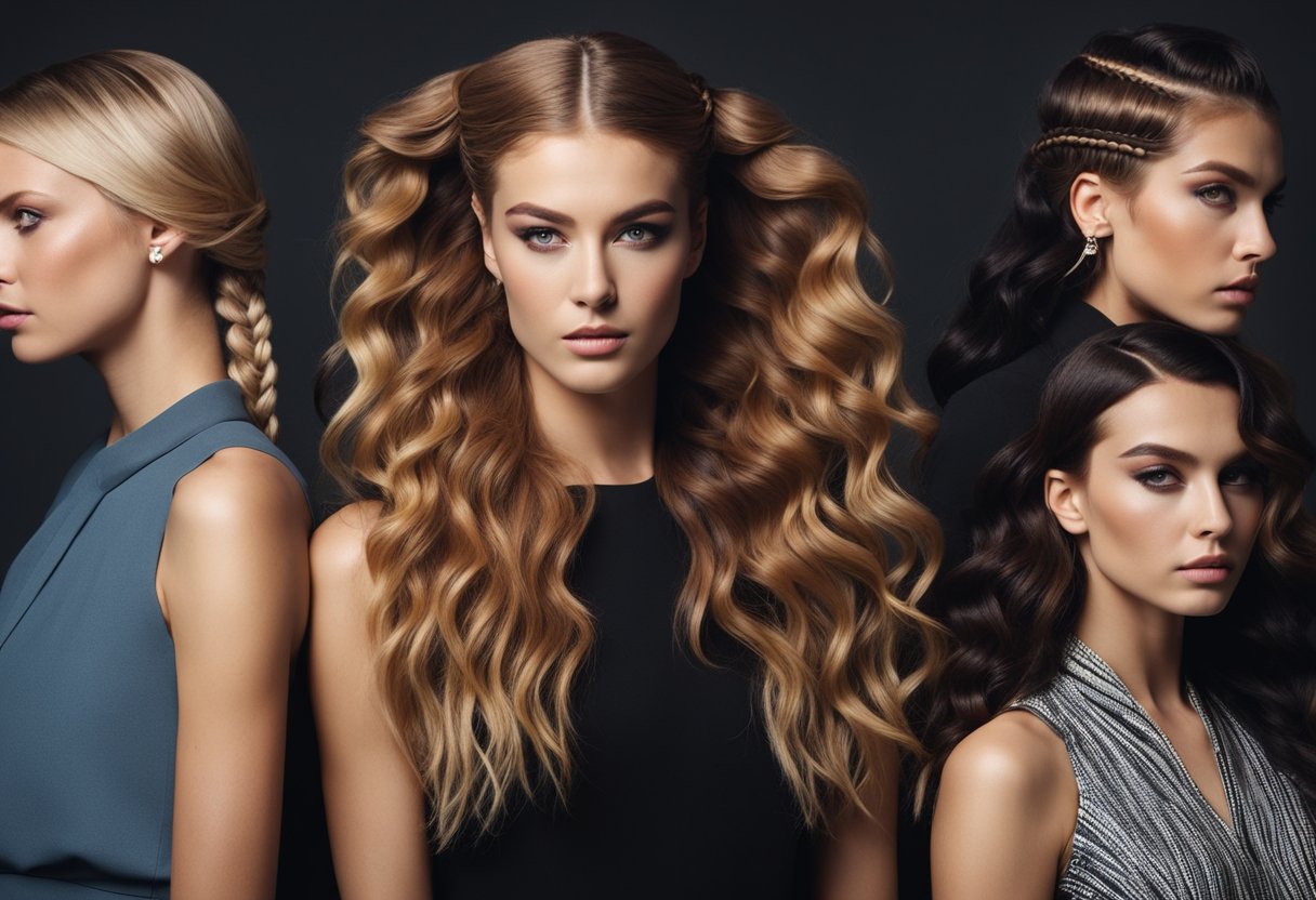 A collection of edgy long hairstyles, including braids, waves, and bold colors, arranged on a sleek black backdrop