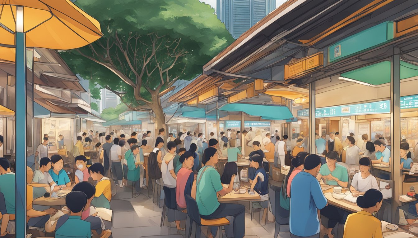 A crowded hawker center in Singapore contrasts with serene CPF office